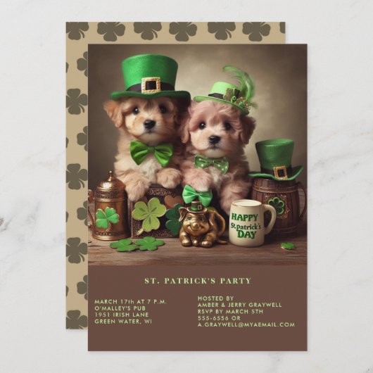 Happy St Patrick's Day Adorable Puppies Green Hats Einladung (Vorne/Hinten)