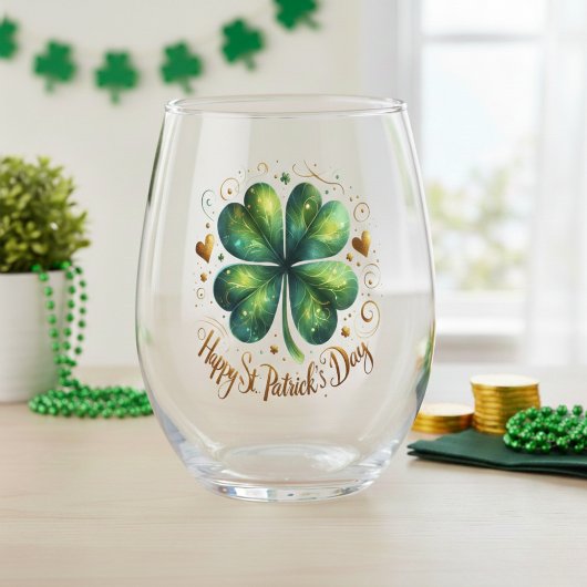 Happy St. Patrick's Day Green & Gold Kleeblatt Weinglas Ohne Stiel