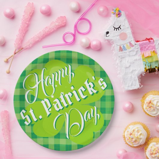 Happy St. Patrick's Day Green Tartan Lucky Clover Pappteller (Party)