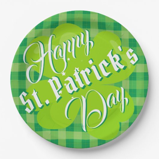 Happy St. Patrick's Day Green Tartan Lucky Clover Pappteller (Vorderseite)