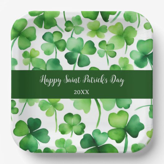 Happy St Patricks Day Green Watercolor Kleeblatt Pappteller (Vorderseite)