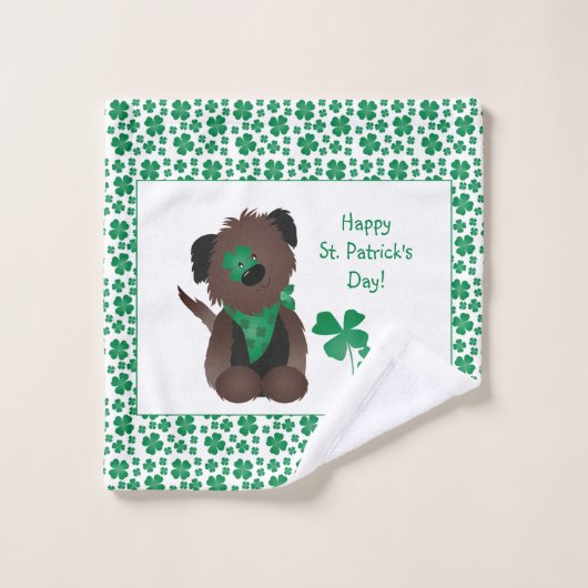 Happy St Patricks Day Hund Vierblättriges Kleeblat Badhandtuch Set (Waschlappen)