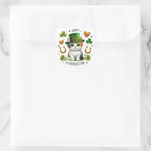 Happy St. Patrick's Day Kitten Quadratischer Aufkleber (Tasche)