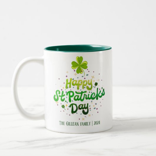 Happy St. Patrick's Day Kleeblatts Familienname Zweifarbige Tasse (Links)