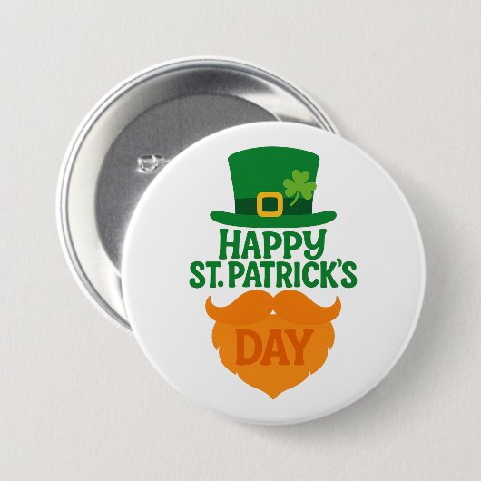 Happy St Patricks Day Leprechaun Beard and Hat Button (Vorne & Hinten)