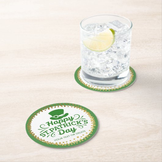 Happy St Patricks Day Leprechaun Hat Custom Text Runder Pappuntersetzer (Vor Ort)