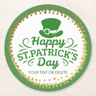 Happy St Patricks Day Leprechaun Hat Custom Text Runder Pappuntersetzer