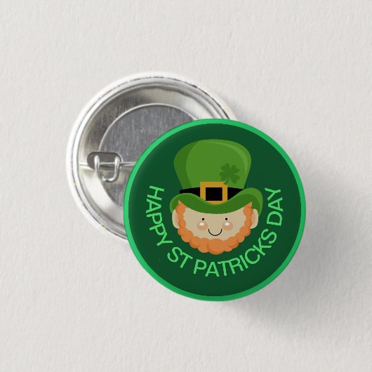 Happy St Patricks Day Leprechaun und Kleeblatt Hut Button (Vorne & Hinten)