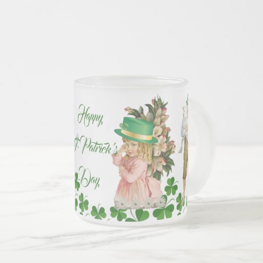 Happy St Patricks Day Little Girl Boy Sheep Clover Mattglastasse (VorderseiteRechts)