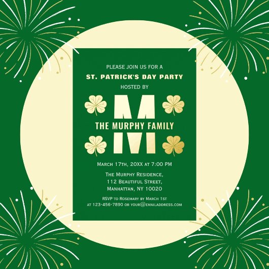 Happy St. Patrick's Day Party Familienname Monogra Folieneinladung