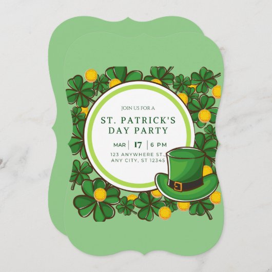 Happy St Patricks Day Party Leprechaun & Kleeblatt Einladung (Vorne/Hinten)