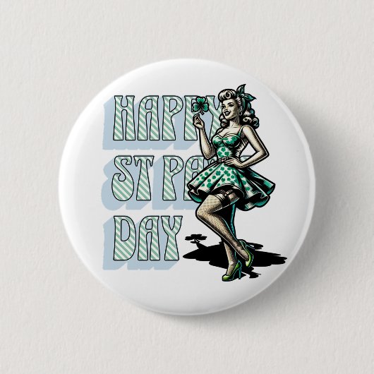 Happy St Patrick's Day Pinup Girl mit Kleeblatt Button (Vorderseite)