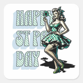 Happy St Patrick's Day Pinup Girl mit Kleeblatt Quadratischer Aufkleber