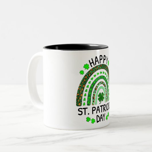 Happy St Patrick's Day Rainbow Leopard Print Shamr Zweifarbige Tasse (Vorderseite Links)