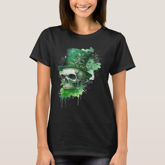 Happy St Patricks Day Skull C Green Shamrock T-Shirt (Vorderseite)