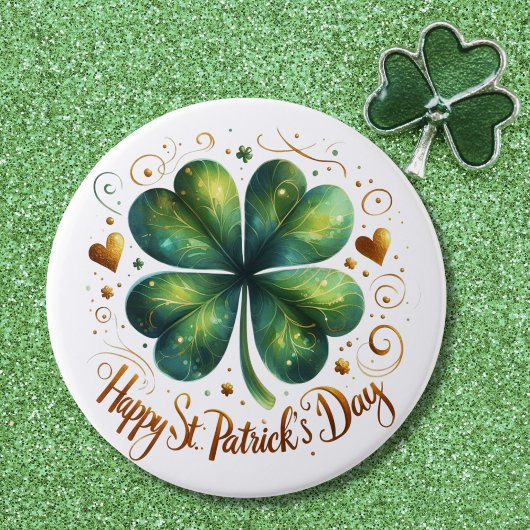 Happy St Patrick's Day Vierblättriges Kleeblatt Button