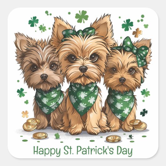 Happy St. Patrick's Day Yorkshire Terrier Dogs Quadratischer Aufkleber (Vorderseite)