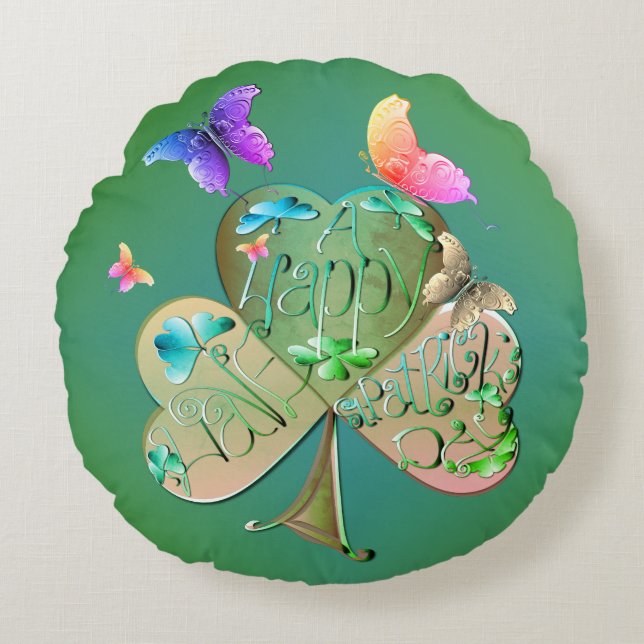 "Happy St. Patrick's "Kleeblatt Rundes Kissen (Vorderseite)