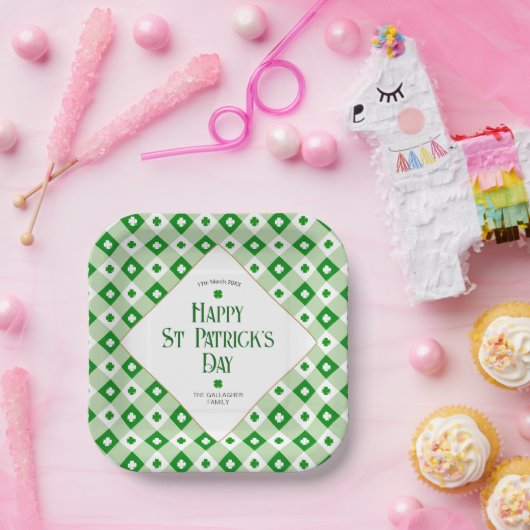 Happy St Patrick's Orange Green Clover Karierter N Pappteller (Party)