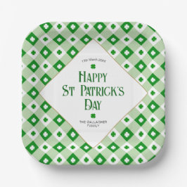 Happy St Patrick's Orange Green Clover Karierter N Pappteller