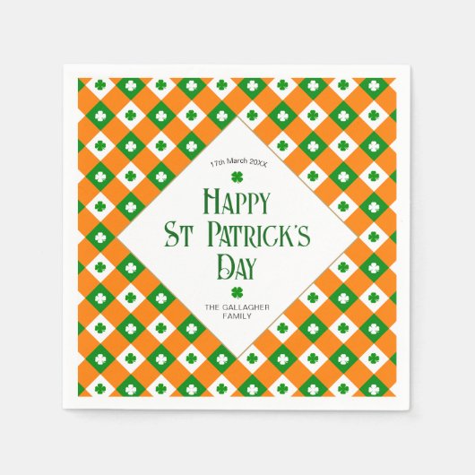Happy St Patrick's Orange Green Clover Karierter N Serviette (Vorderseite)
