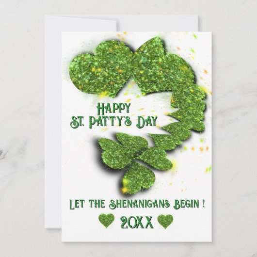 Happy St Patty, Green Kleeblatts | funkelnde Herze Einladung (Vorderseite)