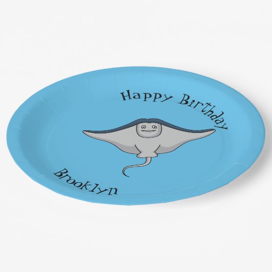 Happy stingray fish cartoon illustration pappteller (Schrägansicht)