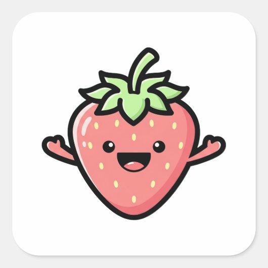Happy Strawberry – Cute Kawaii Illustration Quadratischer Aufkleber (Vorderseite)