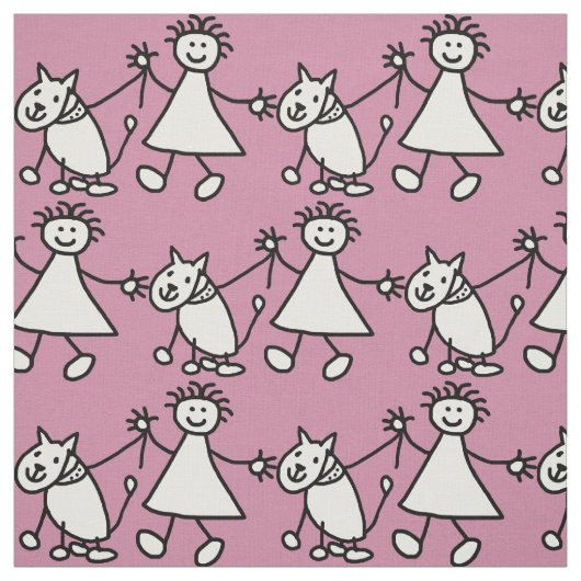 Happy Strichfigur-Mädchen und Hund Stoff (Muster)