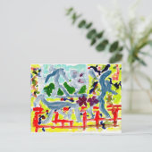 Happy Strichmännchen mit Stock Hund Postkarte (Stehend Vorderseite)