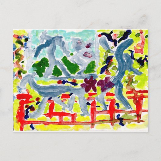 Happy Strichmännchen mit Stock Hund Postkarte (Vorderseite)