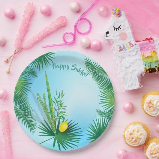Happy Sukkot Lulav und Etrog Wasserfarbmuster Pappteller (Party)