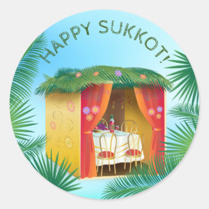 Happy Sukkot Sukkah Lulav und Etrog Watercolor Runder Aufkleber