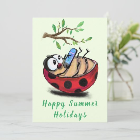 Happy Summer Holidays Card Ladybug mit Telefon (Stehend Vorderseite)