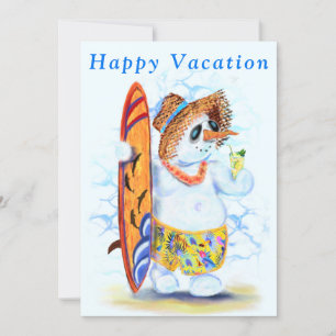 Happy Summer Vacacation Card Snowman Surfer