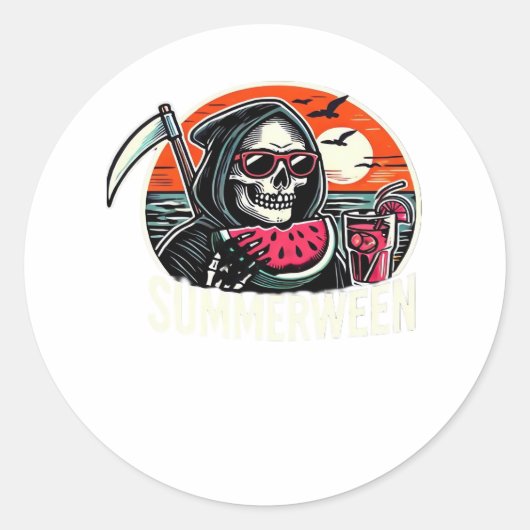 Happy Summerween Grim Sensenmann Watermelon Summer Runder Aufkleber (Vorderseite)