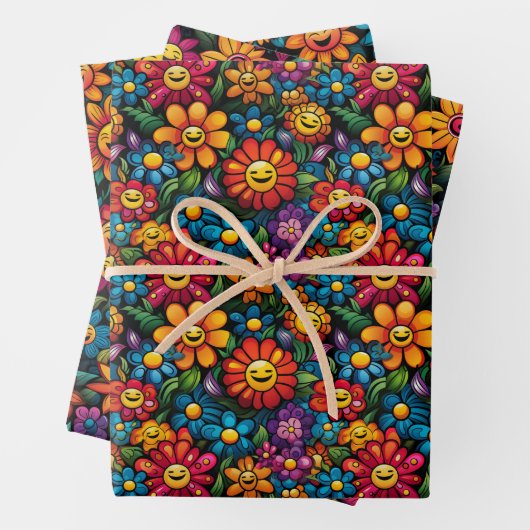 Happy Sunflowers Vector: Schwarzes Hintergrunddesi Geschenkpapier Set (Beispiel)