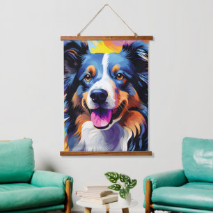 Happy Sunny Puppy Watercolor Wandteppich Mit Holzrahmen