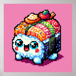 Happy Sushi Roll - Niedliche Pixel Art japanisches Poster