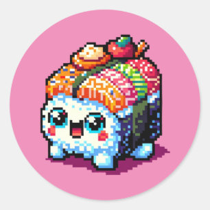 Happy Sushi Roll - Niedliche Pixel Art japanisches Runder Aufkleber