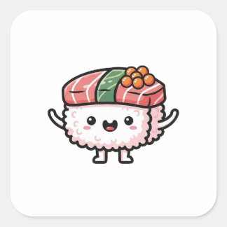 Happy Sushi Slice – Cute Kawaii Illustration Quadratischer Aufkleber