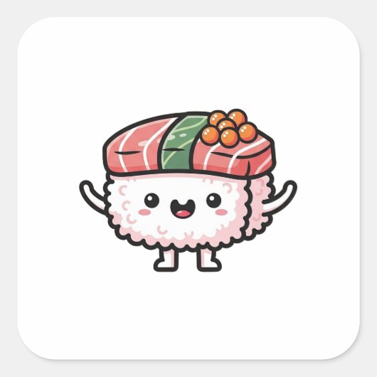 Happy Sushi Slice – Cute Kawaii Illustration Quadratischer Aufkleber (Vorderseite)