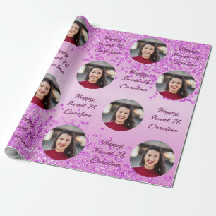 Happy Sweet 16 Fallender rosa Glitter & Foto Geschenkpapier