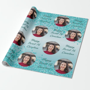 Happy Sweet 16 Fallender Türkisblauer Glitter & Fo Geschenkpapier
