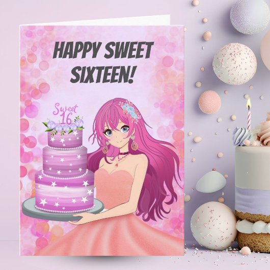 Happy Sweet Sixteen Anime Girl With Cake Karte
