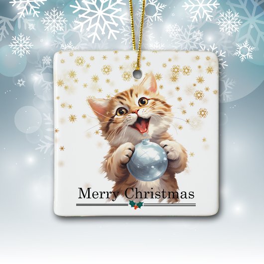 Happy Tabby Kitten with Christmas Tree Bulb Keramikornament