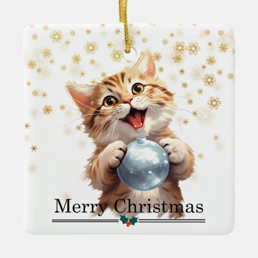 Happy Tabby Kitten with Christmas Tree Bulb Keramikornament (Vorderseite)