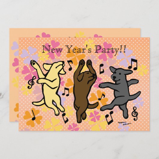 Happy Tancing Labrador Trio Cartoon Neujahr Einladung (Vorne/Hinten)