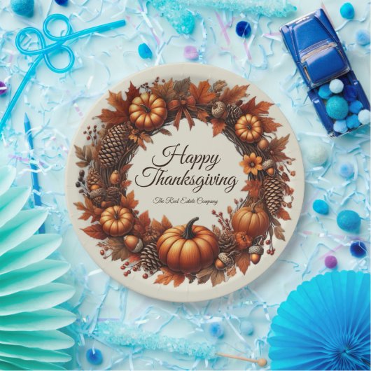 Happy Thanksgiving Autumn Leaves Wreath Company Pappteller (Party)