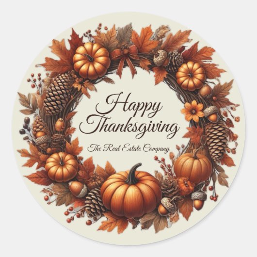 Happy Thanksgiving Autumn Leaves Wreath Company Runder Aufkleber (Vorderseite)